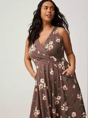 Torrid Floral Surplice Skater Dress 2X NWT Taupe Pink Roses Midi